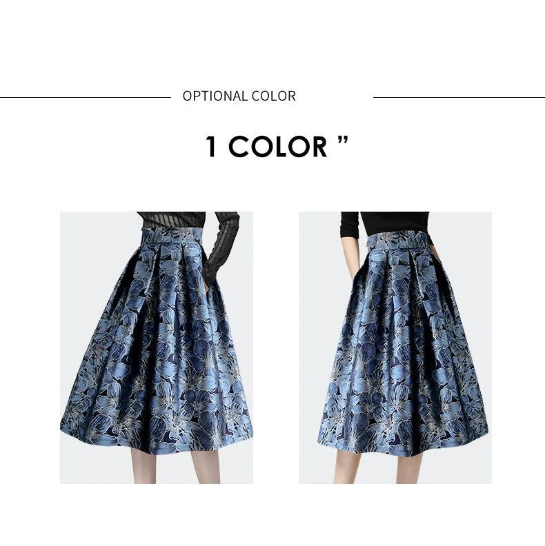 Blue Floral Print Vintage High Waist Ball Gown A-line Loose Women's Skirt Knee-Length Long Skirts For Women Clothing Fashion.