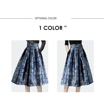 Blue Floral Print Vintage High Waist Ball Gown A-line Loose Women's Skirt Knee-Length Long Skirts For Women Clothing Fashion.