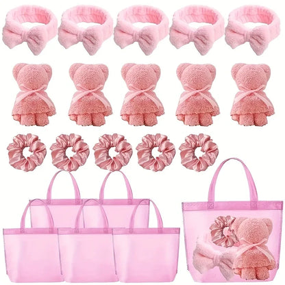 20 Spa Gift Set -5 Polyester Large Bags, 5 Headbands, 5 Hair Rings, 5 Bear Shaped Fabrics - Perfect for Bridal Showers, Singles'.