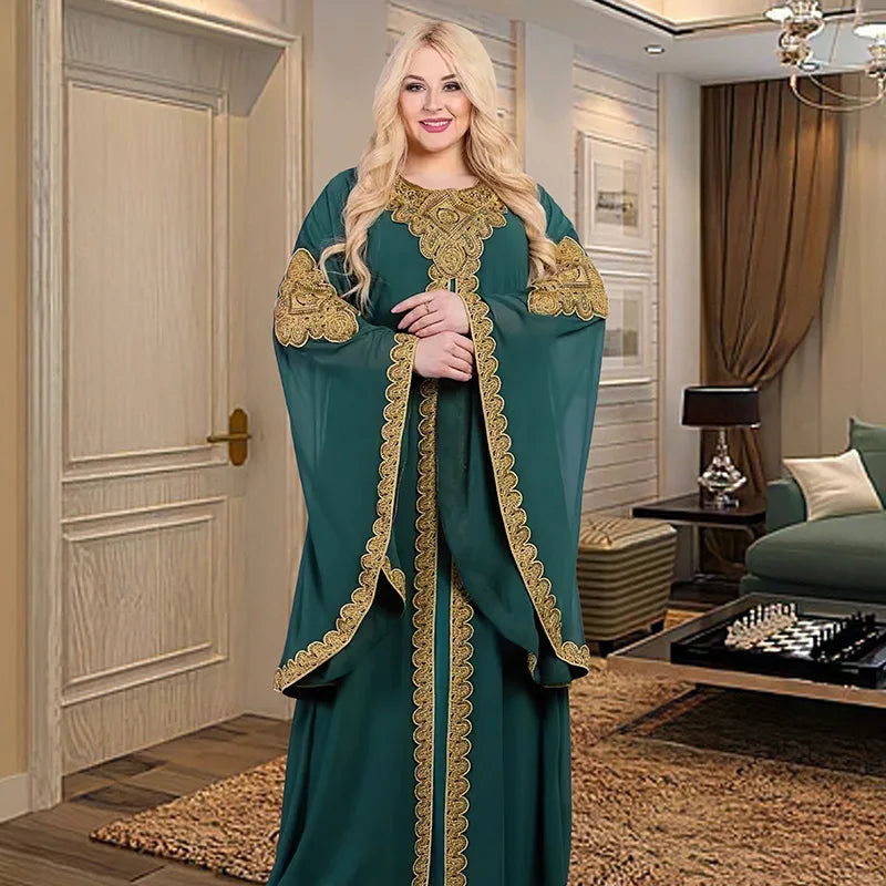 Partykleider für Frauen, Abaya, muslimischer Kaftan, 2-teiliges Set, Eid-Flare-Ärmel, Robe, bestickt, goldene Spitzenkleid, Anzug, Jalabiya Ramadan.