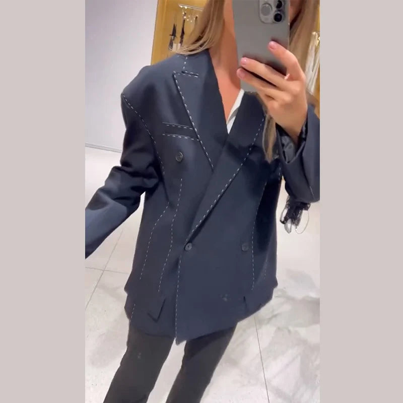 Fashion Line Suit Jackets Pants Sets Women Loose Lapel Double Breasted Blazer Pleated Wide Leg Pant 2025 Autumn Lady Office Suit.