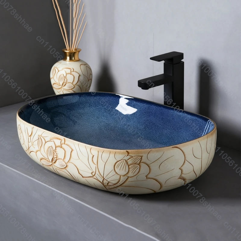 Retro Keramik Badezimmer Waschbecken Arbeitsplatte Waschbecken Künstlerische Eitelkeit Schüssel für Zuhause Keramik Gefäß Waschbecken Theke Waschschüssel Vintage