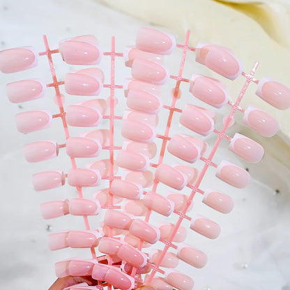 120Pcs=24*5 French Short Square Coffin False Nail White Pink Simple Wearable Fake Nails Glossy Full Cover Press on Nail Tips Art.