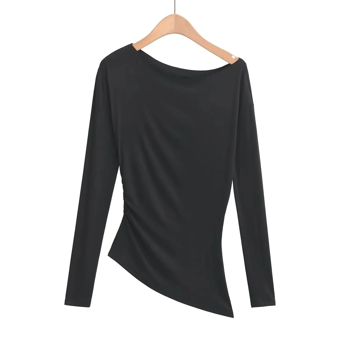 Long Sleeve One Shoulder T-Shirt Zhang Lu Si Spicy Girl Pleated Slimming Versatile Top Cotton Made in China Full Sleeve