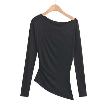 Long Sleeve One Shoulder T-Shirt Zhang Lu Si Spicy Girl Pleated Slimming Versatile Top Cotton Made in China Full Sleeve