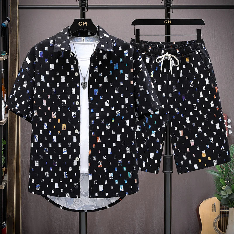Men Summer 2 Pieces Set Tracksuit Men's Shirt Shorts Harajuku Streetwear Oversized Men Sets Short Outfits Suits