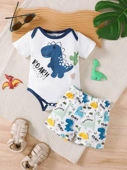 Sommer-Set für 0–18 Monate alte Babys, Dinosaurier-Aufdruck, kurzärmelig und Shorts, Set für Neugeborene, Jungen, lässiger Stil.