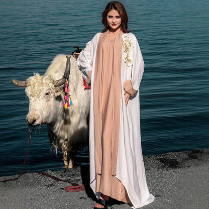 Ramadan Eid White Kimono 2 Piece Abaya Damen Dubai Luxury Set Islam Muslim Modest Dress Women Kebaya Kaftan Robe Femme Musulman.