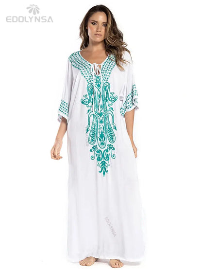 2025 Indie Folk Schnürung V-Ausschnitt Fledermausärmel Sommer Strandkleid Tunika Damen Beachwear Kaftan Maxikleid Robe Sarong Q775.