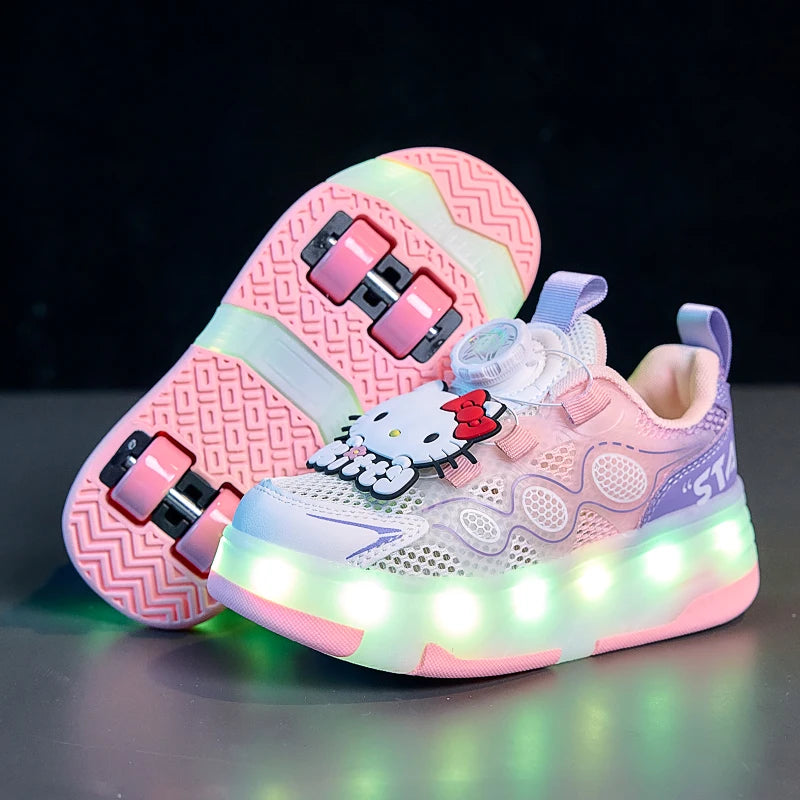 Hello Kitty Children's In-line Skating Shoes Four-Wheel Design Adjustable Roller Blades for Boys Girls Sports Footwear Sneakers.