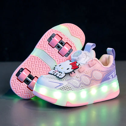 Hello Kitty Children's In-line Skating Shoes Four-Wheel Design Adjustable Roller Blades for Boys Girls Sports Footwear Sneakers.
