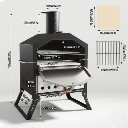 Tragbarer, holzgefeuerter Pizzaofen für den Außenbereich mit 12-Zoll-Stein und Thermometer, klappbare Beine, Camping-Grillmaschine aus Edelstahl für den Hinterhof