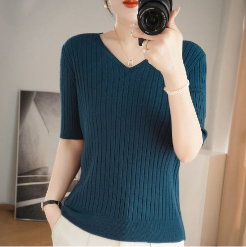 Frauen Pullover Frühling Sommer Kurzarm V-ausschnitt Strick Hemd Casual Koreanische Pullover Streifen Bodenbildung Shirt Slim Fit Jumper.