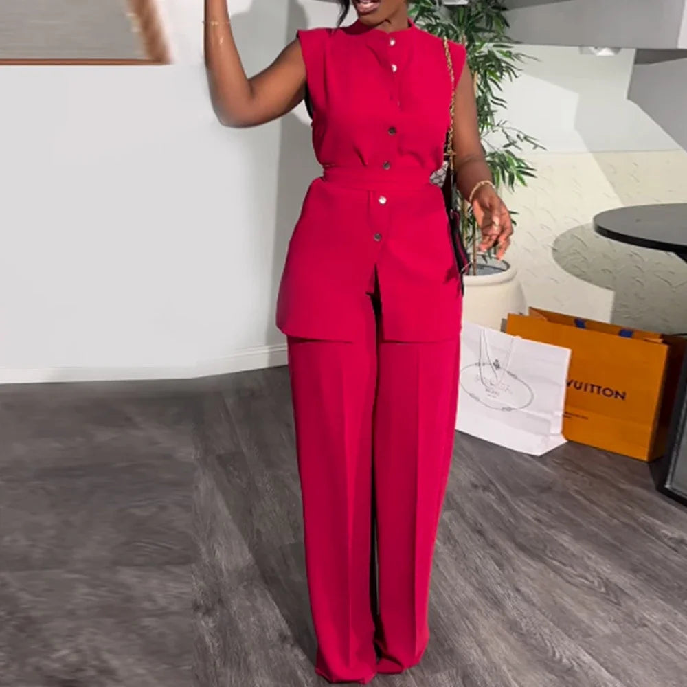 Women Wide Leg Pant Sets Two Piece Set Black Shirt Top & Cuffed Pants Set Suit Loose O Neck High Waist Elegant Trousers Suits.