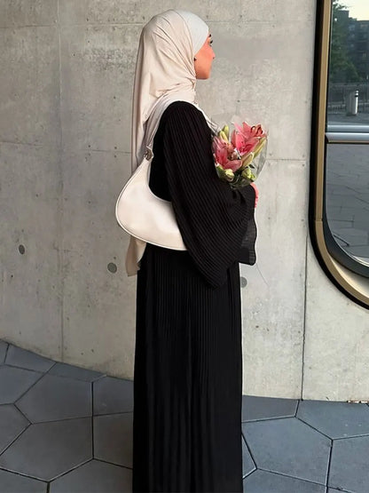 Siskakia Ramadan-Muslim Solid Wrinkle Dresses For Women's Dubai  Moroccan Petal Sleeve Abayas O-Neck Elegant Kebaya 2024.