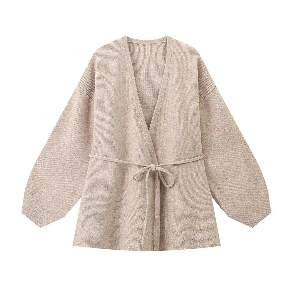 2024 autumn new women's clothing style fashionable European and American style knitted lace up cardigan top and pants set.