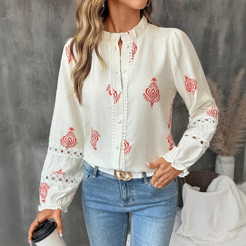 Women's Printed Casual Trendy Stand Collar Single-breasted Loose Shirts European New Fashion Female Ethnic Clothes Tops Cardigan