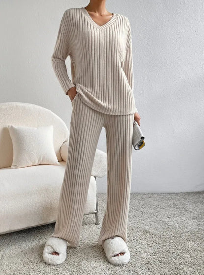 Autumn Winter Ribbed Knit Two Piece Set Womens V Neck Long Sleeve Top Wide Leg Pants Loungewear Casual Solid Color Outfit.