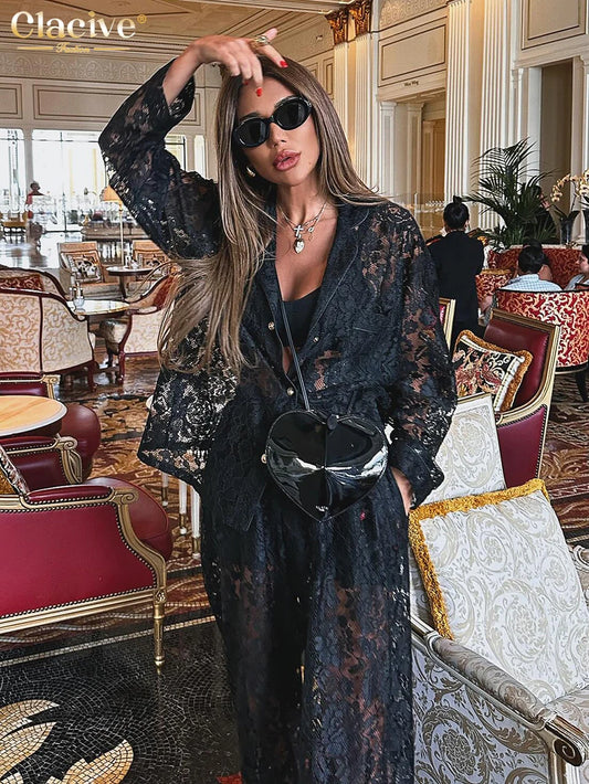 Clacive Sexy Loose Black Lace See Through Trousers Sets Women 2 Pieces Fashion Long Sleeve Shirt With High Waist Wide Pants Set.