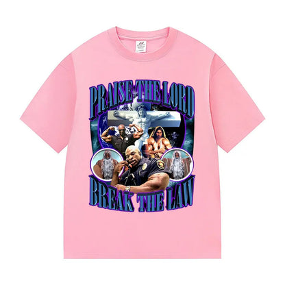 Praise The Lord Break The Law Ronnie Coleman Pump Cover Gym Funny Meme T Shirts Men's Retro Fashion Cotton Short Sleeve T-shirt.
