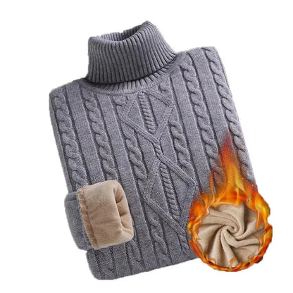 New Turtleneck Sweaters Men Autumn Winter Thick Knitted Sweaters Added Velvet Solid Color Casual Base Pullovers.