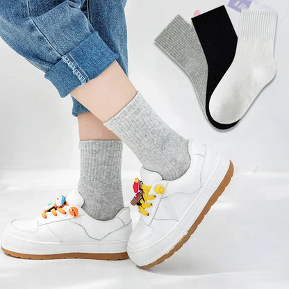 5 Pairs Pure Cotton Children Boy Socks Black White Grey Solid Color Unisex Breathable Sports School Socks Baby Girl Calf Socks.