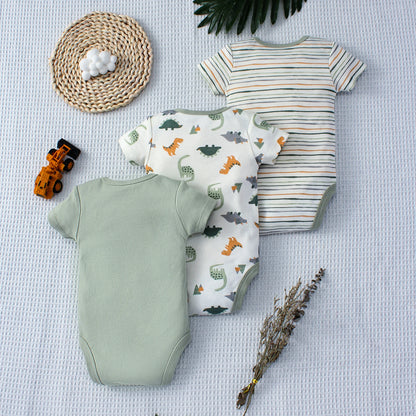 3-teiliges Sommer-Baby-Body, dreiteiliges Set mit Cartoon-Dinosaurier-Muster und Streifenmuster, Knopf-Design für Jungen im Alter von 0–9 Monaten.