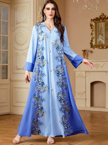 Siskakia Ramadan Dubai Woman’s Abayas Embroidered Sequin Floral Patter V-Neck Elegant Casual Kebaya Muslim Moroccan Long Dress.
