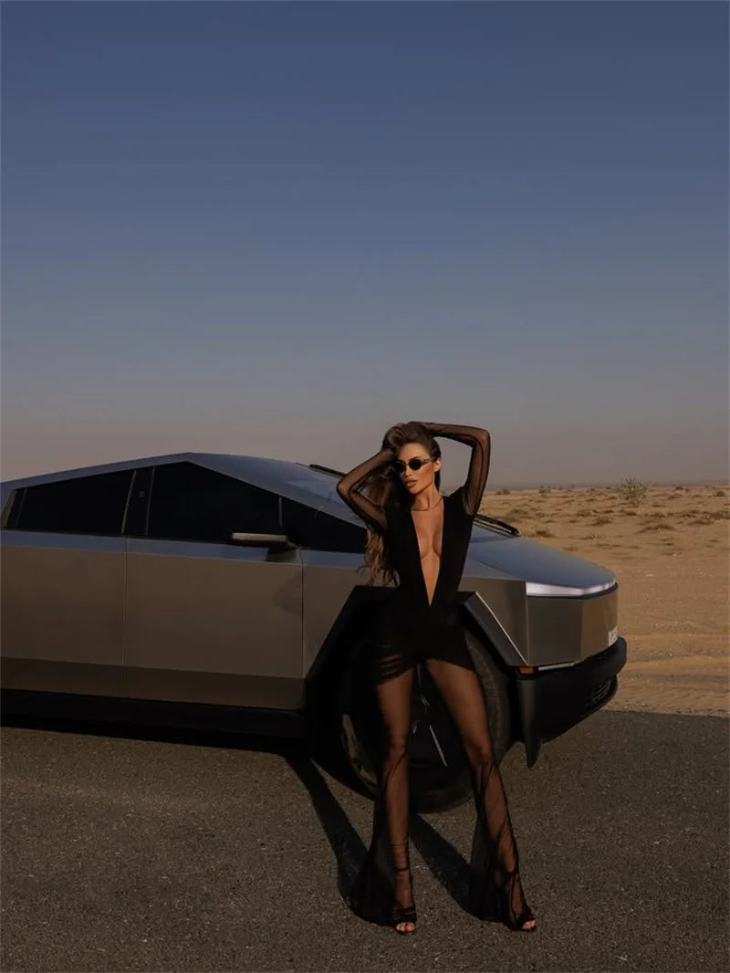 Mozision Deep V Neck Long Sleeve Sexy Jumpsuits Women Autumn Winter Patchwork See Through Ruched Club Party Jumpsuit Female