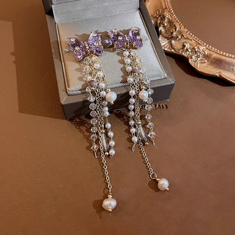 Pink Butterfly Earrings With Long Tassel Sparkly Zircon Crystal Imitation Pearl Beads Earrings Light Luxury Party Ear Jewelry.