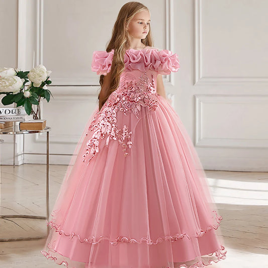 Kinder Kleid Neue Geburtstag Party Mädchen Prinzessin Kleid Gestickte Mesh Hochzeit Blume Junge Elegante Kinder Abend Kleidung Kostüm.