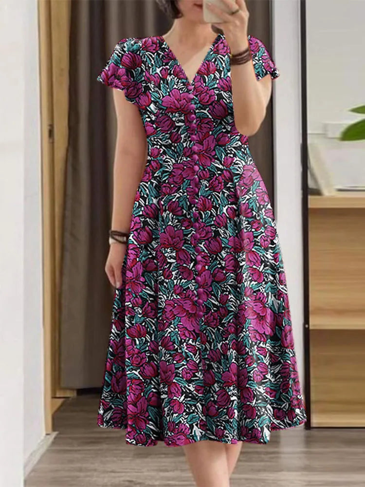 ZANZEA Elegante Frauen Floral Print Midi Kleid Sommer 2025, Casual Rüschen Kurzarm V-ausschnitt Vestidos Mode Cinched Taille Roben.