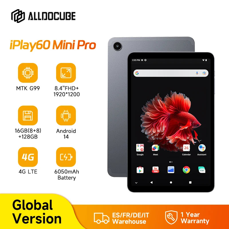 ALLDOCUBE iPlay60 Mini Pro Tablet 8.4" Display Helio G99 16GB(8GB+8GB Virtual)RAM 128/256GB ROM 4G LTE 6050mAh Android 14.