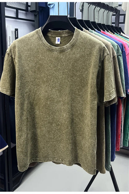 Personality washed vintage short sleeve T-shirt high-end 100% pure cotton men fashion round neck comfort lightweight casual top