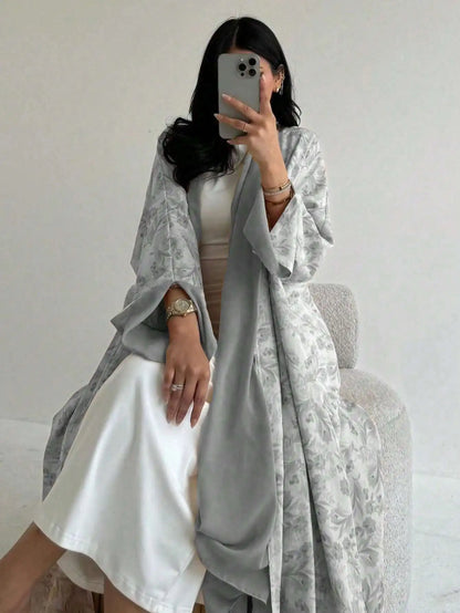 Lockeres, mit Blumenmuster bedrucktes Abaya-Langarmkleid für den orientalischen Nahen Osten für Damen, elegante Robe mit offener Vorderseite ohne Schal.