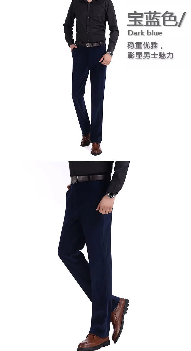 Business Casual Men Corduroy Pants Autumn Winter New Solid Zipper Pockets Simplicity Fashion Loose Thicken Straight Trousers.