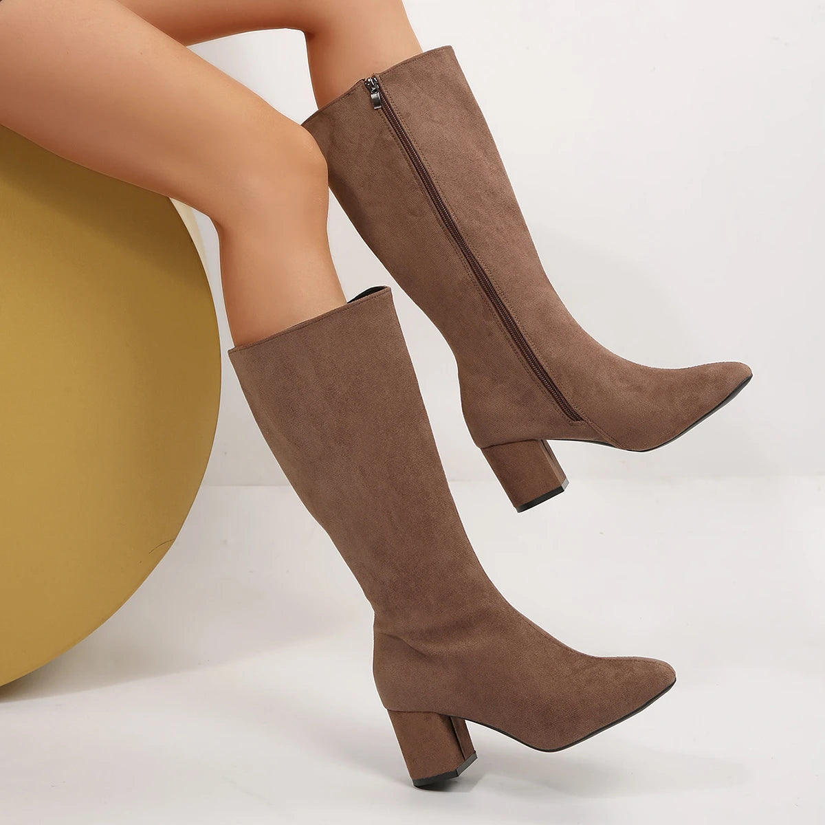 Women Boots Autumn Winter Elastic Slimming Knee-High Boots Fashion Pointed Toe Thick Heel Shoes Woman Side Zipper Casual Botas