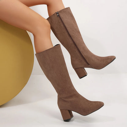 Women Boots Autumn Winter Elastic Slimming Knee-High Boots Fashion Pointed Toe Thick Heel Shoes Woman Side Zipper Casual Botas