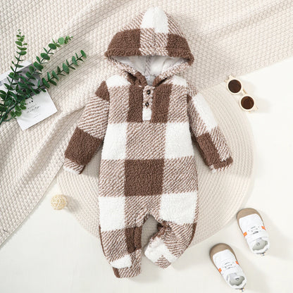 Baby-Strampler für Jungen und Mädchen, kariert, mit Kapuze, langärmelig, Plüsch-Overall, Winter, warmer Body, Kleidung für Kleinkinder im Alter von 3–24 Monaten