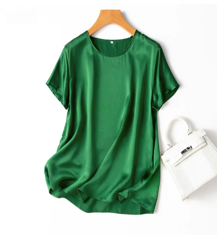 Women 100% Mulberry Silk 19 Momme half sleeve Crew Neck Top Shirt Blouse T-shirt More Colors M L XL MM4270