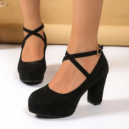 Women Shoes on Heels Women Platform Pumps Spring Summer Shallow Cross Strap Buckle Shoes Round Toe Shoes for Women High Heels.