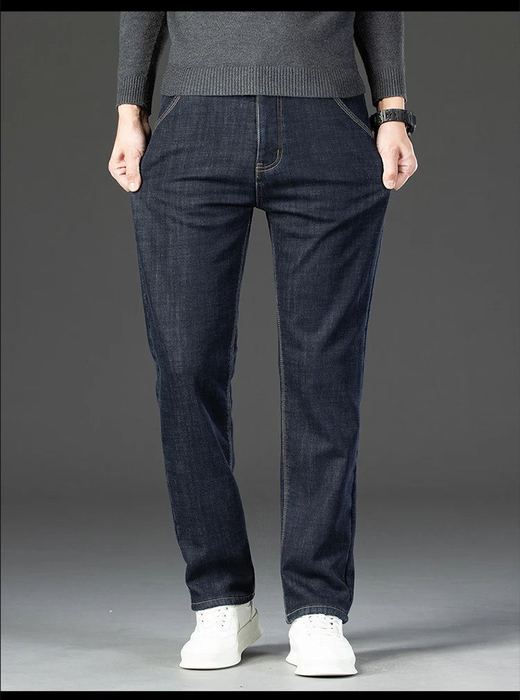 28-40 Large Size Winter Men Plush Thick Fleece Trouser Lambswool Thermal Jeans Casual Pants Windproof Warm Cotton Denim Pants.