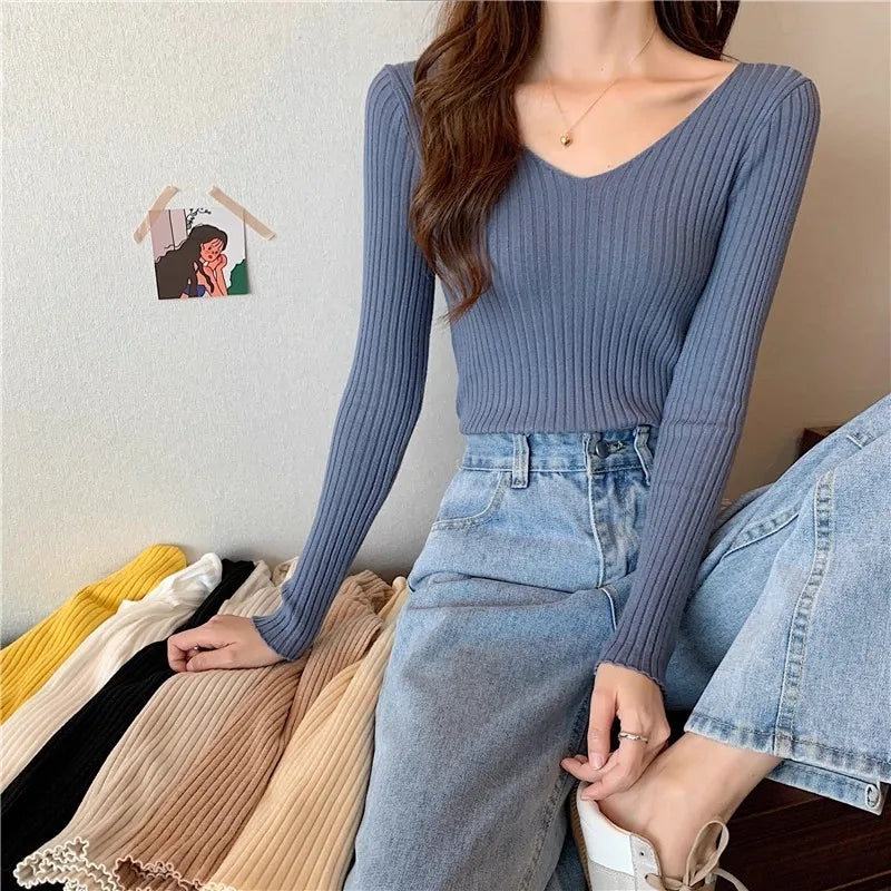 2025 einfarbig Schlank Pullover Koreanische Herbst Winter V-ausschnitt Pullover Mode Lässig Langarm Gestrickte Pullover Frauen Kleidung.