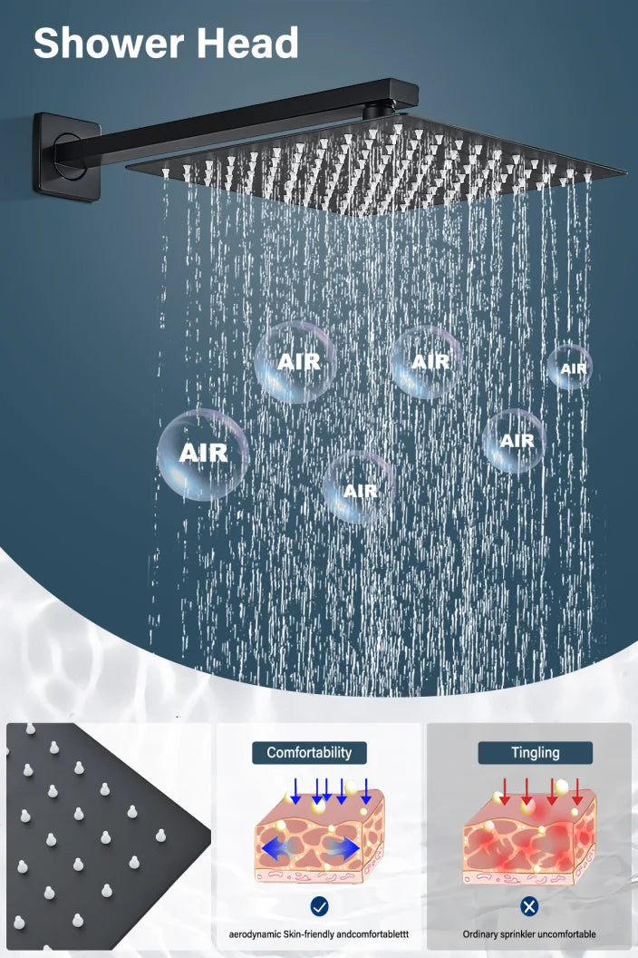 Matte Black Wall Mount Bathroom Shower Faucet 8/10/12/16 Inch Rainfall Mixed Hot Cold Water Mixer Bathtub Tap with Hand Sprayer