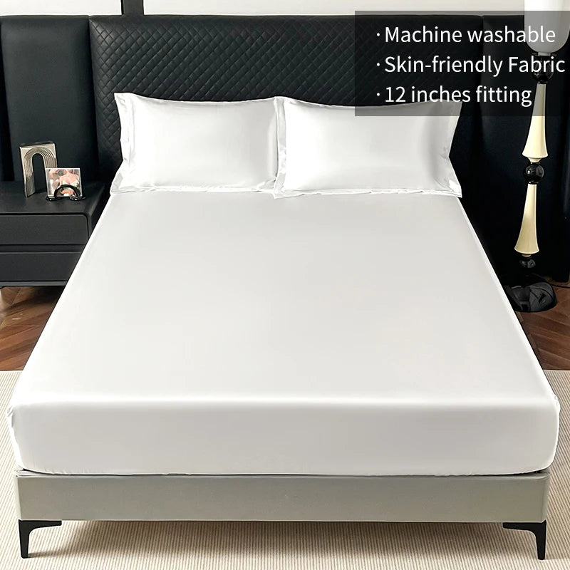 Satin Elastic Fitted Sheet Solid Mattress Cover 360 Band Bed Sheet for Single Double Couple King Queen Full Twin Bedsheet.