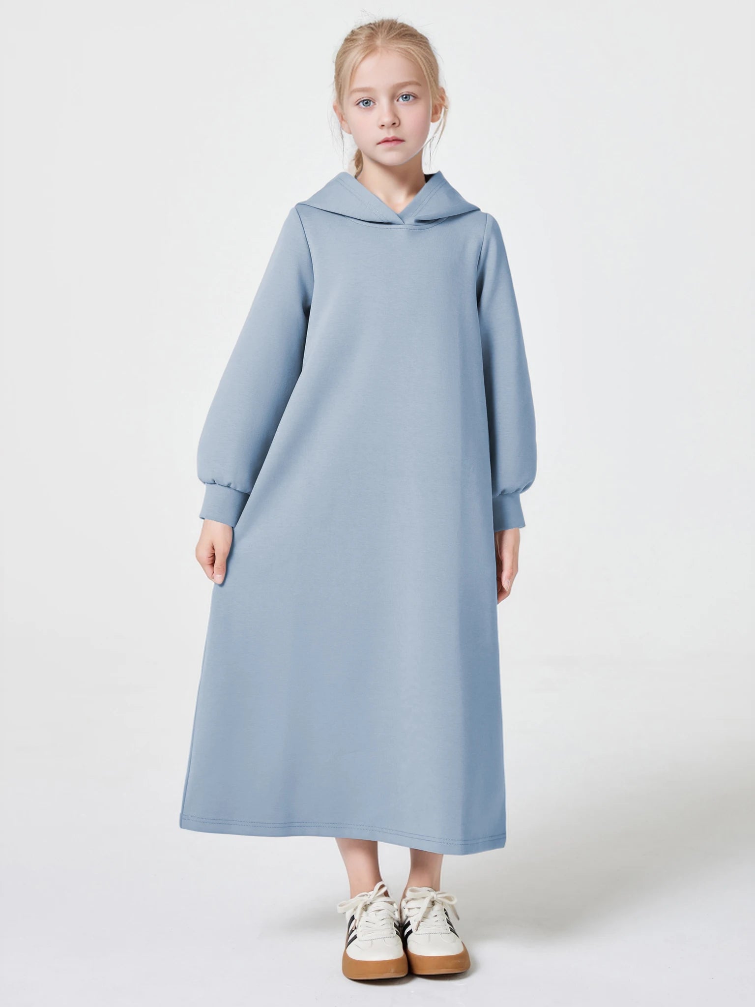 Ramadan kebaya Muslim Girls Abaya Middle East Autumn and winter solid color warm hoodie V-neck Hooded Loose Kids Kebaya Dress.