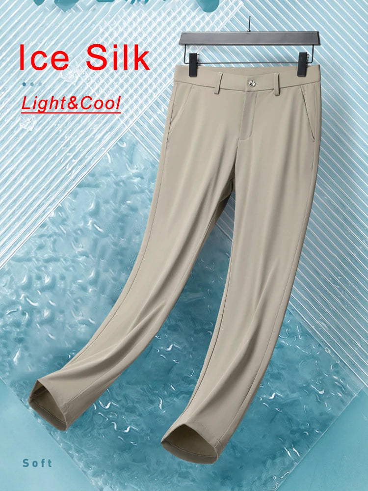Summer Men's Casual Pants Korean Fashion Light Cool Ice Silk Stretch Golf Pants Slim Fit Suit Pants Male Office Formal Trousers.