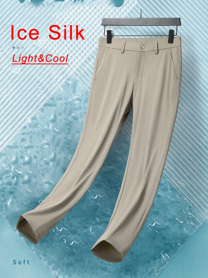 Summer Men's Casual Pants Korean Fashion Light Cool Ice Silk Stretch Golf Pants Slim Fit Suit Pants Male Office Formal Trousers.