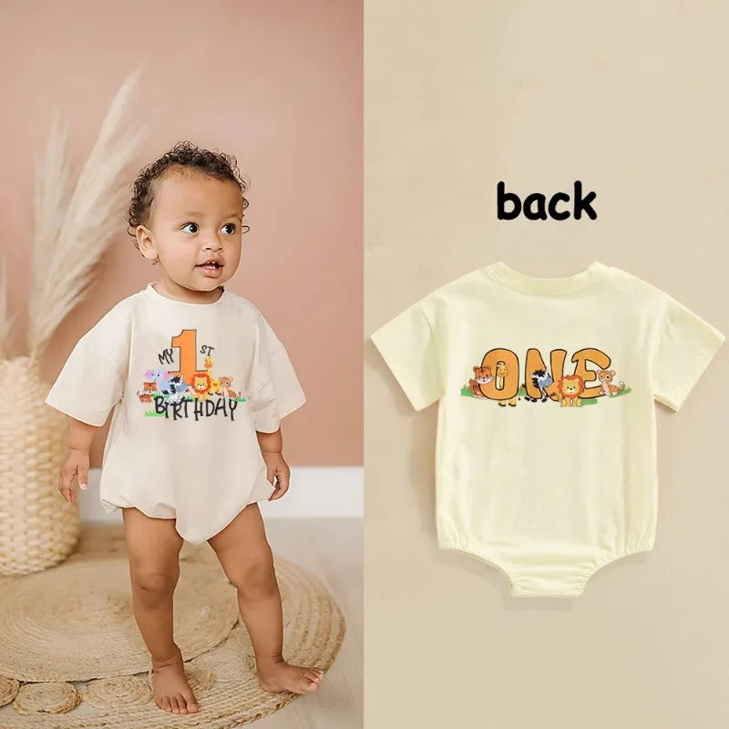 My 1st Birthday&ONE Print Baby Bubble Strampler Kurzarm Übergroßer Säuglingsspielanzug Babys erster Geburtstag Partykleidung.