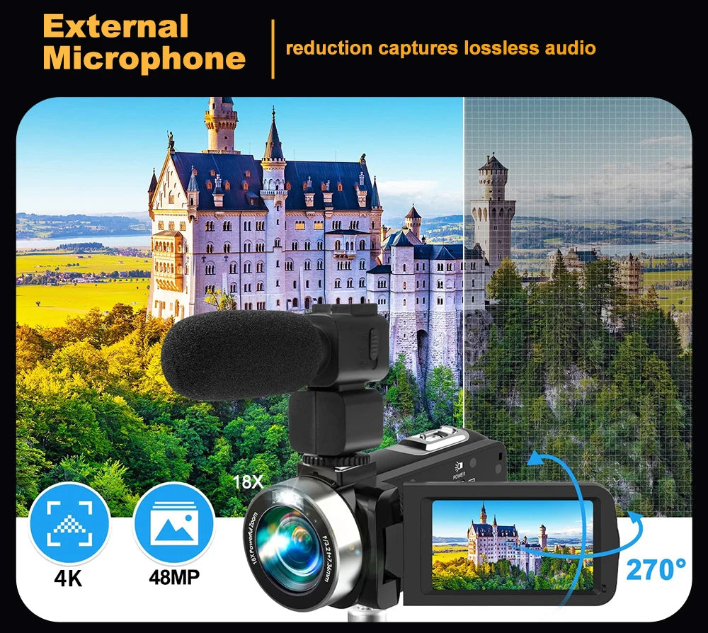 4K Portable Digital photography Camera 2 in1 Photo Video Record DV Travel Video Camera 18X Zoom 3'' Rotatable Screen With Flash.